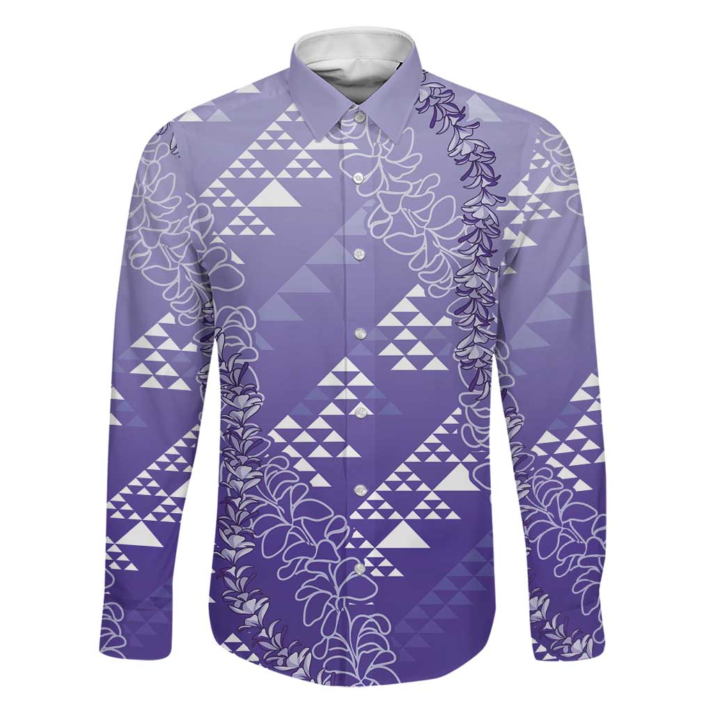 Hawaii Lavender Kapa Family Matching Puletasi and Hawaiian Shirt Vintage 'Ohe Kāpala Motifs Mix Plumeria Leis LT7 Dad's Shirt - Long Sleeve Lavender - Polynesian Pride