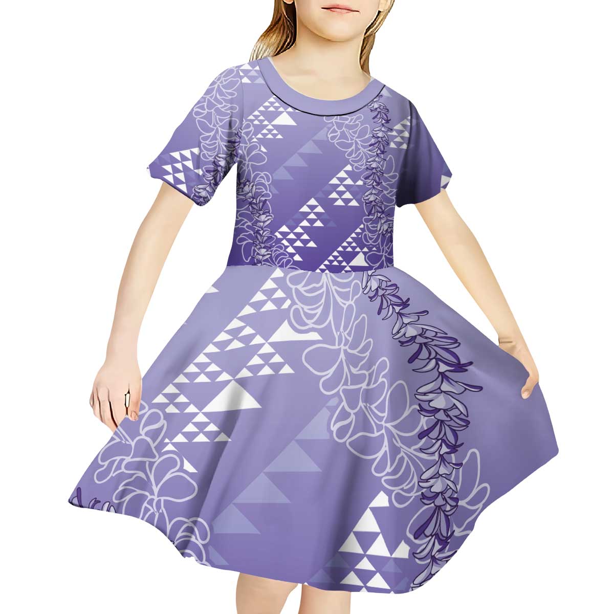 Hawaii Lavender Kapa Kid Short Sleeve Dress Vintage 'Ohe Kāpala Motifs Mix Plumeria Leis LT7 - Polynesian Pride