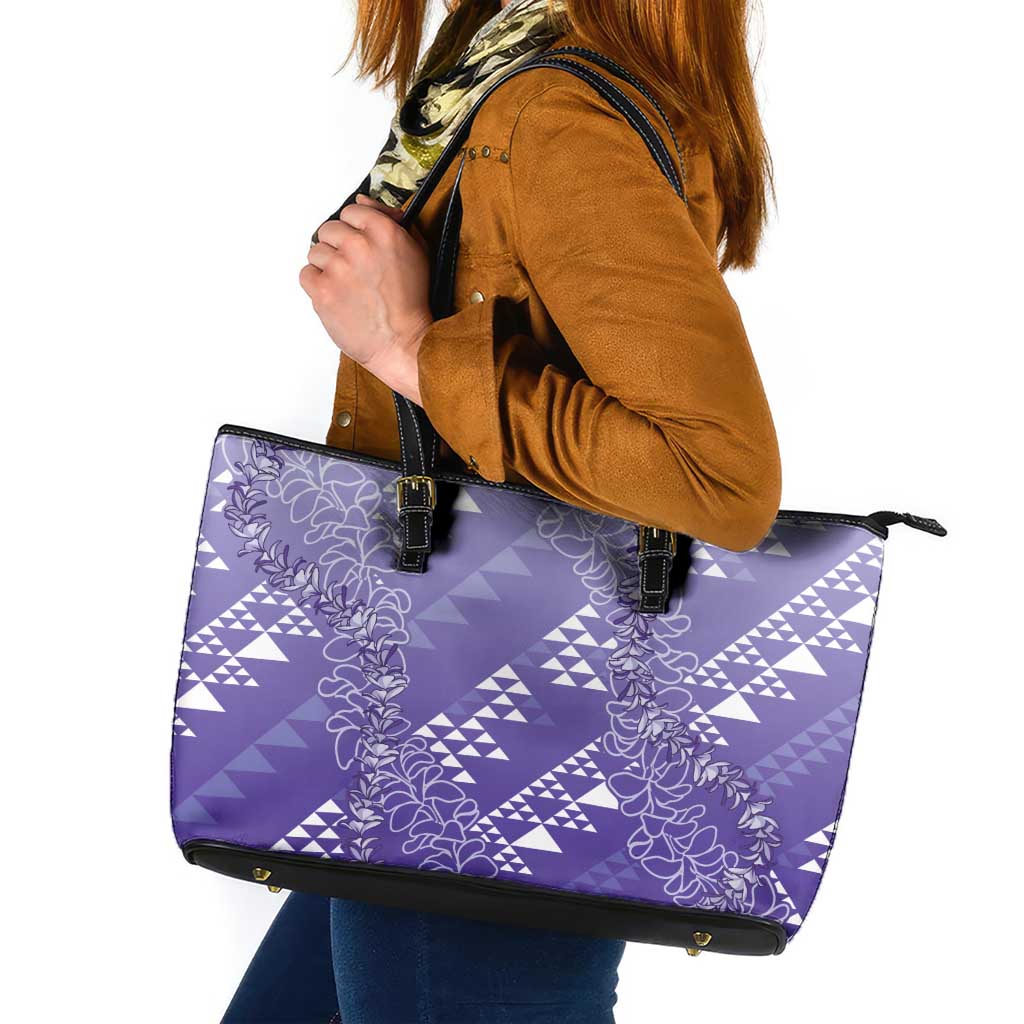 Hawaii Lavender Kapa Leather Tote Bag Vintage 'Ohe Kāpala Motifs Mix Plumeria Leis