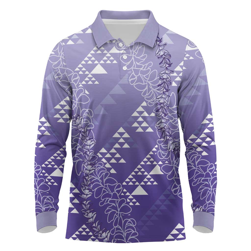 Hawaii Lavender Kapa Long Sleeve Polo Shirt Vintage 'Ohe Kāpala Motifs Mix Plumeria Leis LT7 Lavender - Polynesian Pride