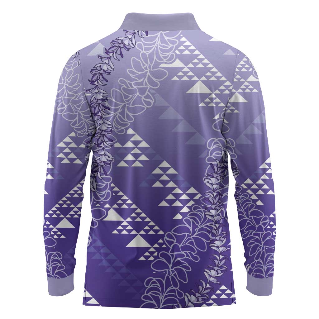 Hawaii Lavender Kapa Long Sleeve Polo Shirt Vintage 'Ohe Kāpala Motifs Mix Plumeria Leis LT7 - Polynesian Pride
