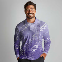 Hawaii Lavender Kapa Long Sleeve Polo Shirt Vintage 'Ohe Kāpala Motifs Mix Plumeria Leis LT7 - Polynesian Pride