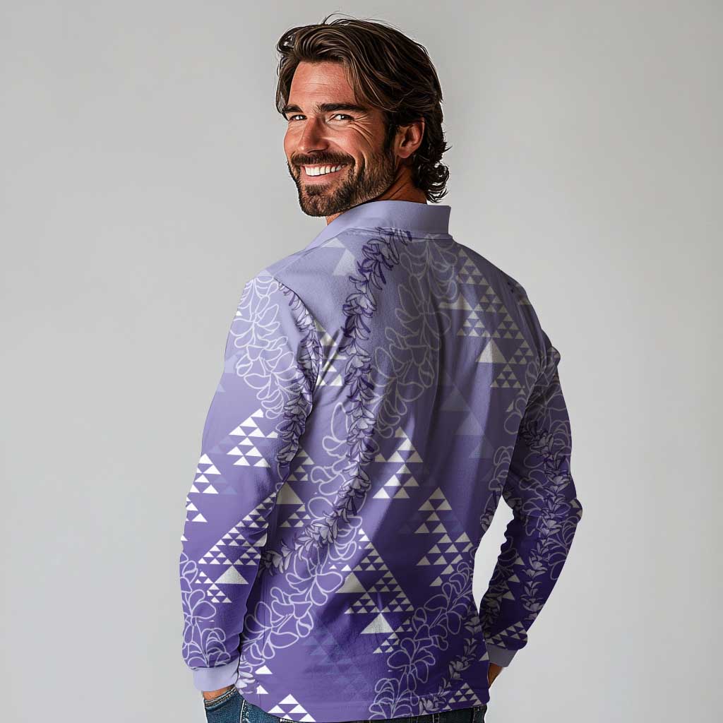 Hawaii Lavender Kapa Long Sleeve Polo Shirt Vintage 'Ohe Kāpala Motifs Mix Plumeria Leis LT7 - Polynesian Pride