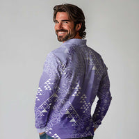 Hawaii Lavender Kapa Long Sleeve Polo Shirt Vintage 'Ohe Kāpala Motifs Mix Plumeria Leis LT7 - Polynesian Pride