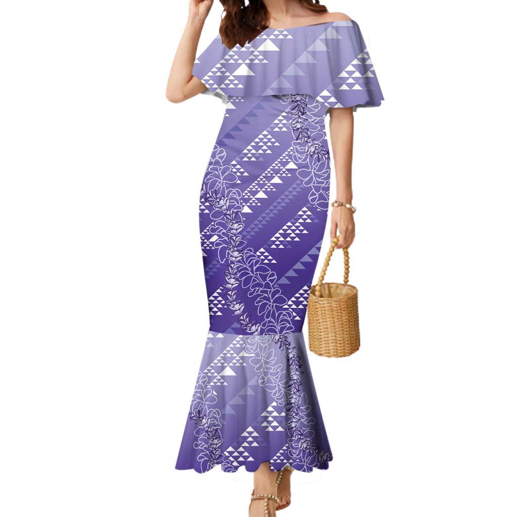 Hawaii Lavender Kapa Mermaid Dress Vintage 'Ohe Kāpala Motifs Mix Plumeria Leis