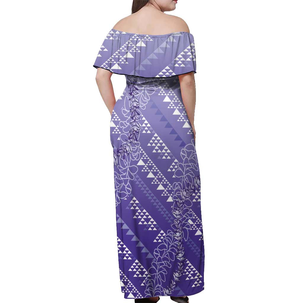 Hawaii Lavender Kapa Off Shoulder Maxi Dress Vintage 'Ohe Kāpala Motifs Mix Plumeria Leis LT7 - Polynesian Pride