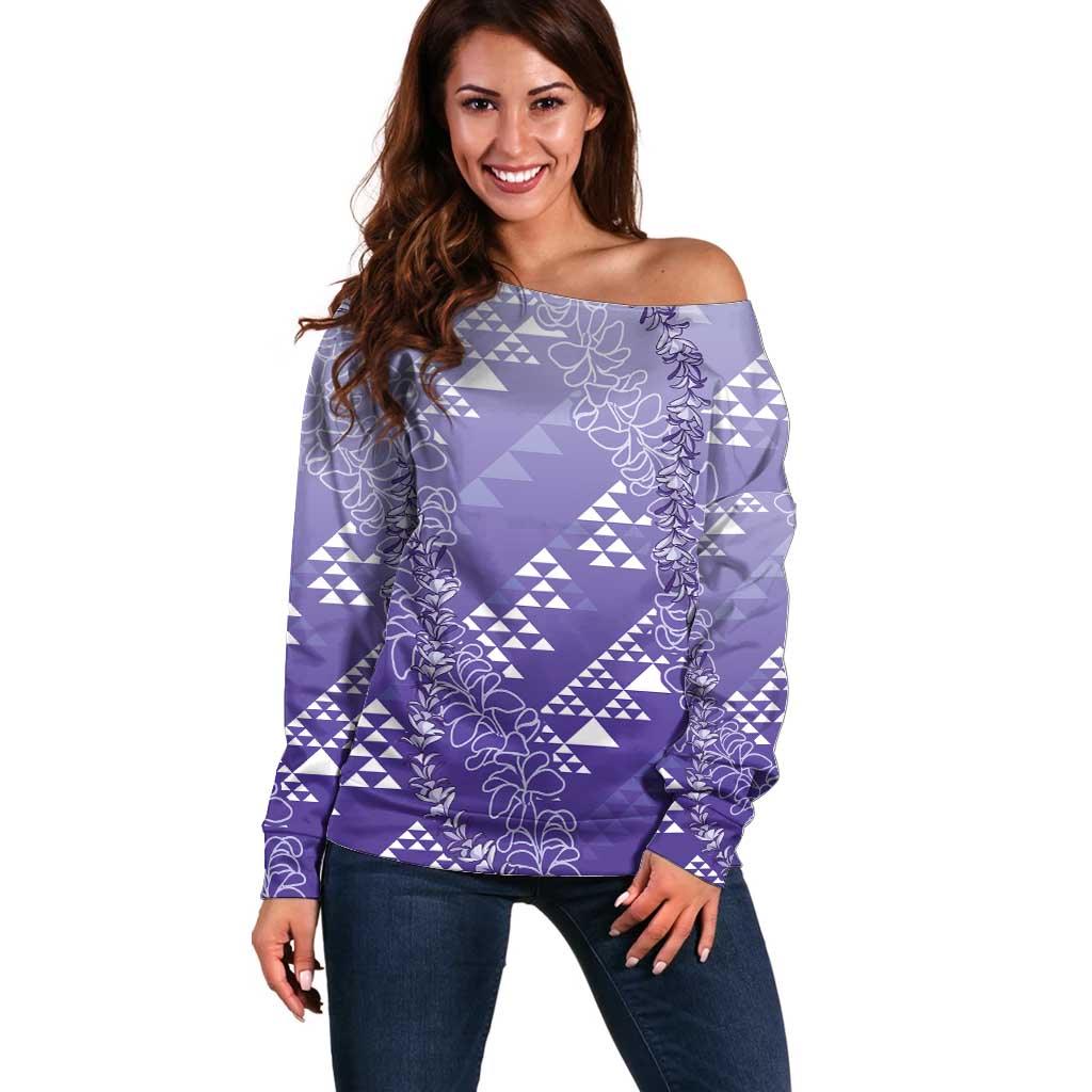 Hawaii Lavender Kapa Off Shoulder Sweater Vintage 'Ohe Kāpala Motifs Mix Plumeria Leis