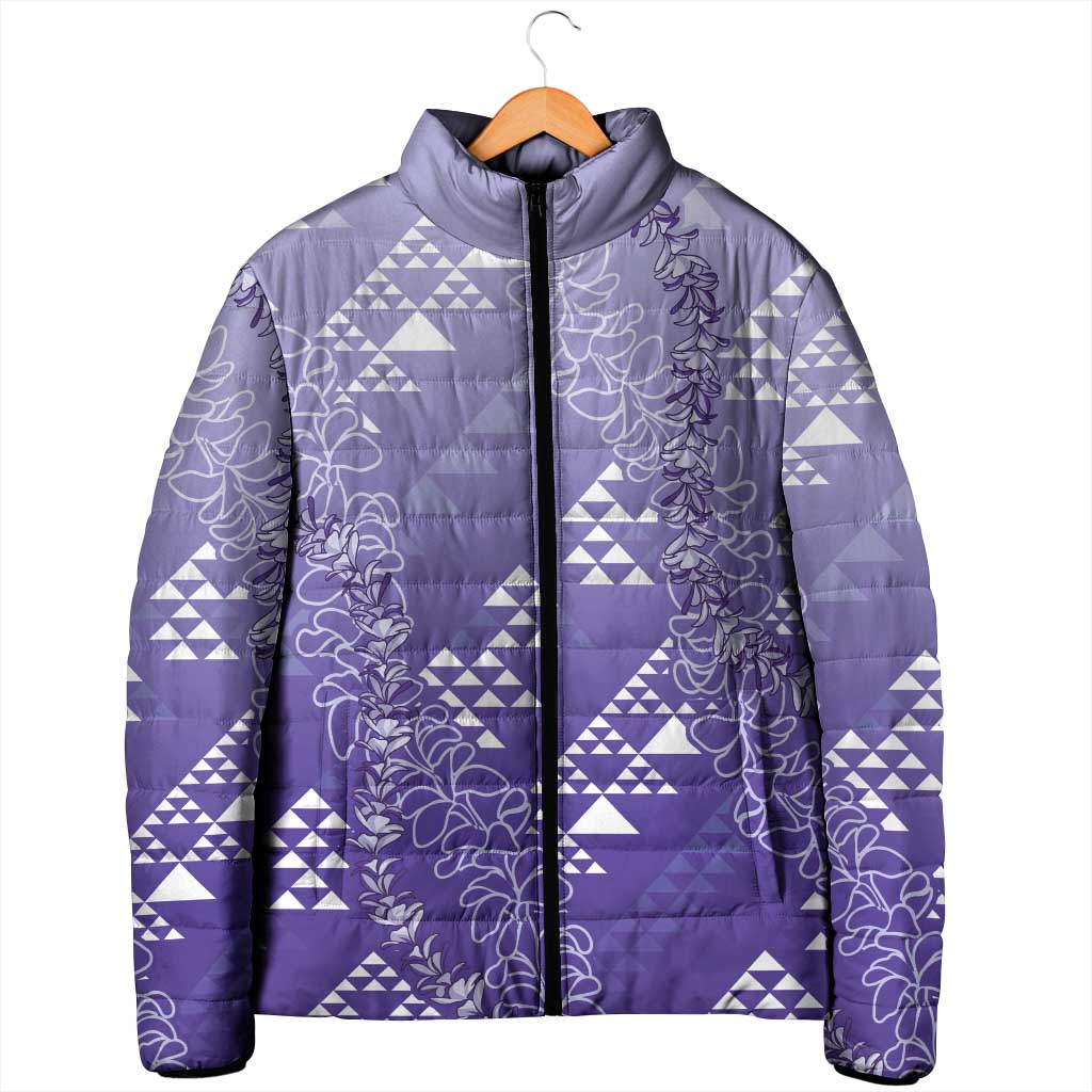 Hawaii Lavender Kapa Padded Jacket Vintage 'Ohe Kāpala Motifs Mix Plumeria Leis