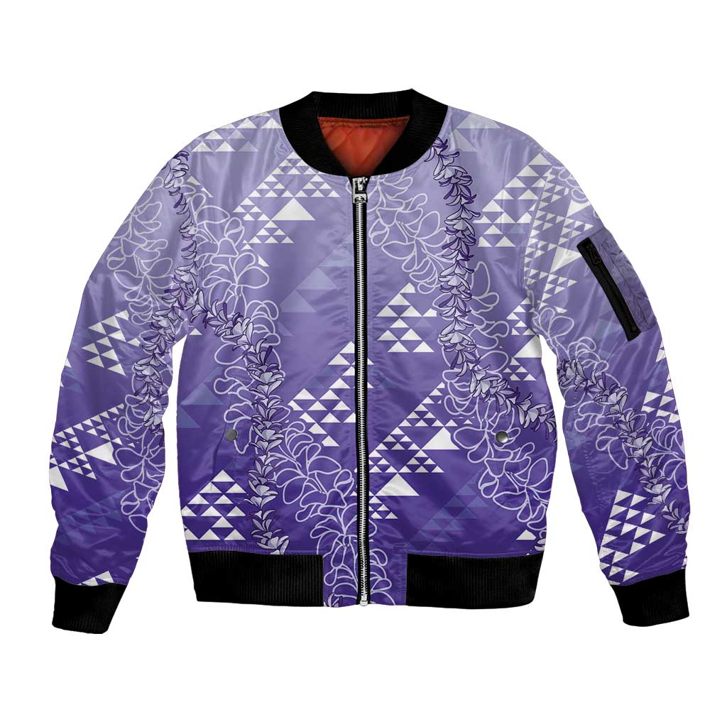 Hawaii Lavender Kapa Sleeve Zip Bomber Jacket Vintage 'Ohe Kāpala Motifs Mix Plumeria Leis