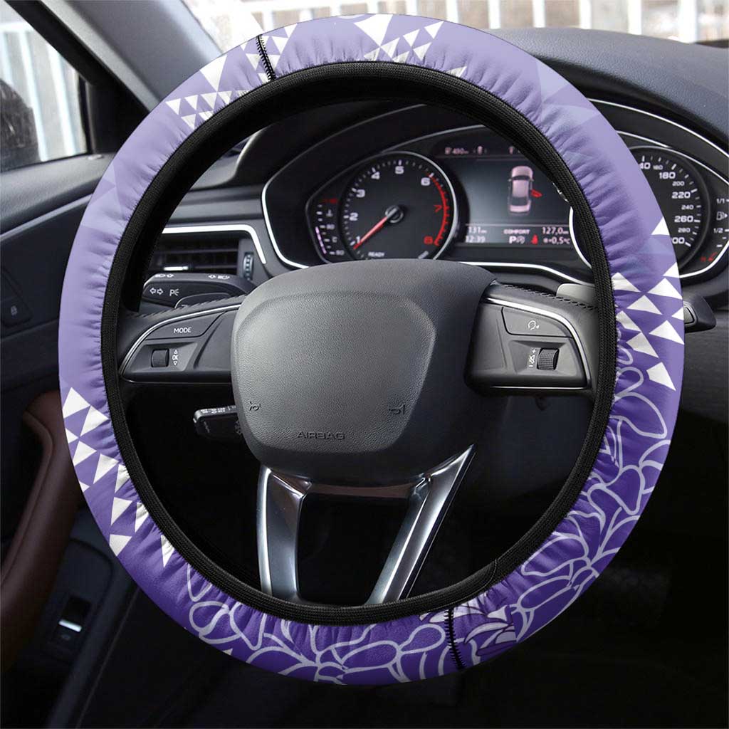 Hawaii Lavender Kapa Steering Wheel Cover Vintage 'Ohe Kāpala Motifs Mix Plumeria Leis LT7 - Polynesian Pride