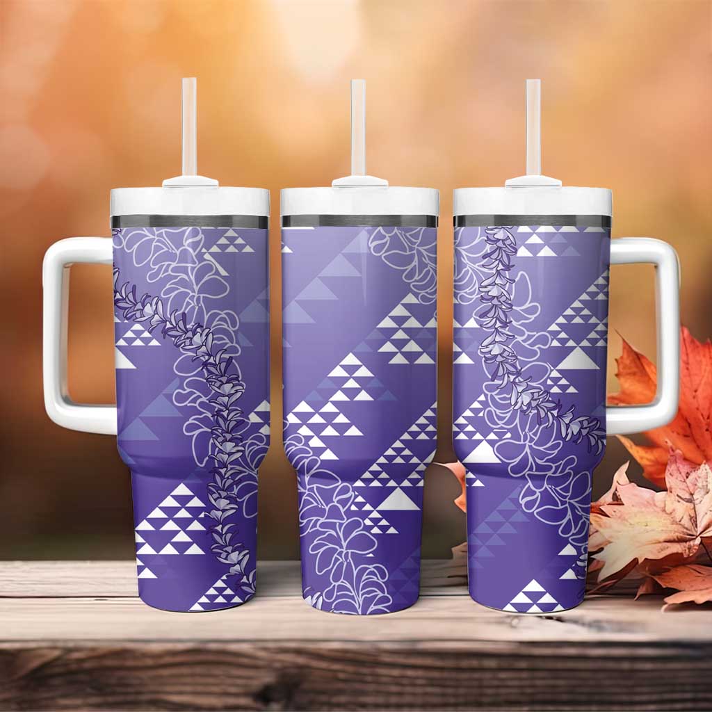 Hawaii Lavender Kapa Tumbler With Handle Vintage 'Ohe Kāpala Motifs Mix Plumeria Leis LT7 - Polynesian Pride
