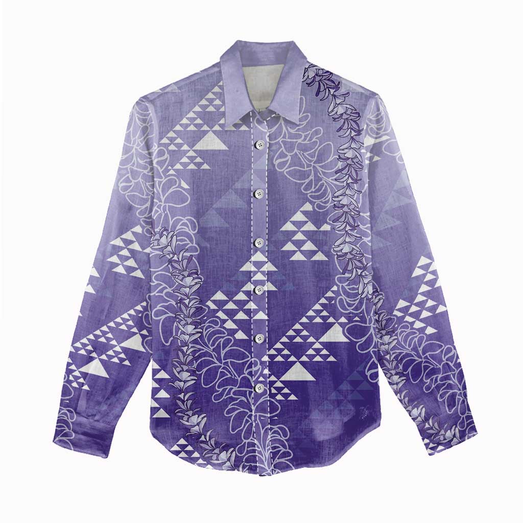 Hawaii Lavender Kapa Women Casual Shirt Vintage 'Ohe Kāpala Motifs Mix Plumeria Leis LT7 - Polynesian Pride