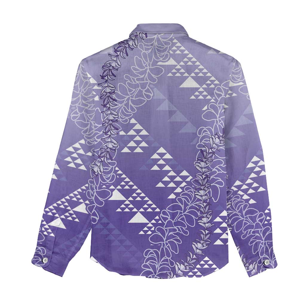Hawaii Lavender Kapa Women Casual Shirt Vintage 'Ohe Kāpala Motifs Mix Plumeria Leis LT7 - Polynesian Pride