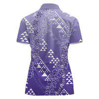 Hawaii Lavender Kapa Women Polo Shirt Vintage 'Ohe Kāpala Motifs Mix Plumeria Leis LT7 - Polynesian Pride