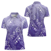 Hawaii Lavender Kapa Women Polo Shirt Vintage 'Ohe Kāpala Motifs Mix Plumeria Leis LT7 - Polynesian Pride