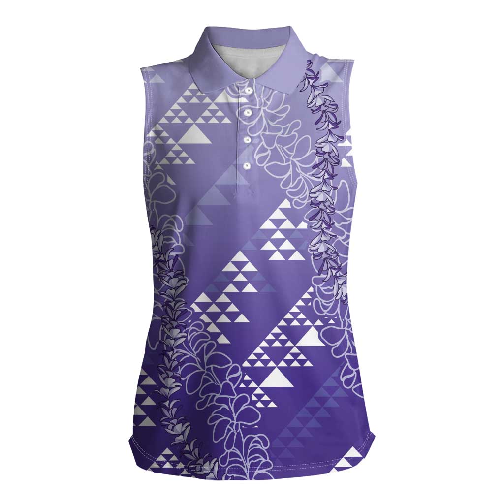 Hawaii Lavender Kapa Women Sleeveless Polo Shirt Vintage 'Ohe Kāpala Motifs Mix Plumeria Leis LT7 Female Lavender - Polynesian Pride