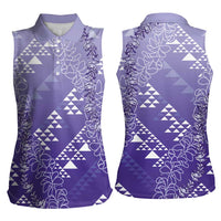 Hawaii Lavender Kapa Women Sleeveless Polo Shirt Vintage 'Ohe Kāpala Motifs Mix Plumeria Leis LT7 - Polynesian Pride