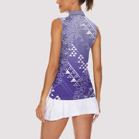 Hawaii Lavender Kapa Women Sleeveless Polo Shirt Vintage 'Ohe Kāpala Motifs Mix Plumeria Leis LT7 - Polynesian Pride