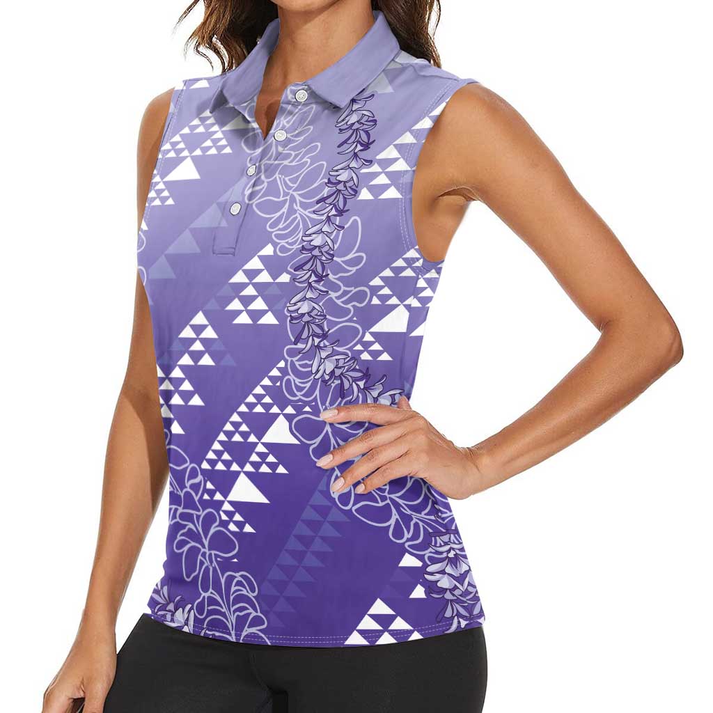 Hawaii Lavender Kapa Women Sleeveless Polo Shirt Vintage 'Ohe Kāpala Motifs Mix Plumeria Leis LT7 - Polynesian Pride