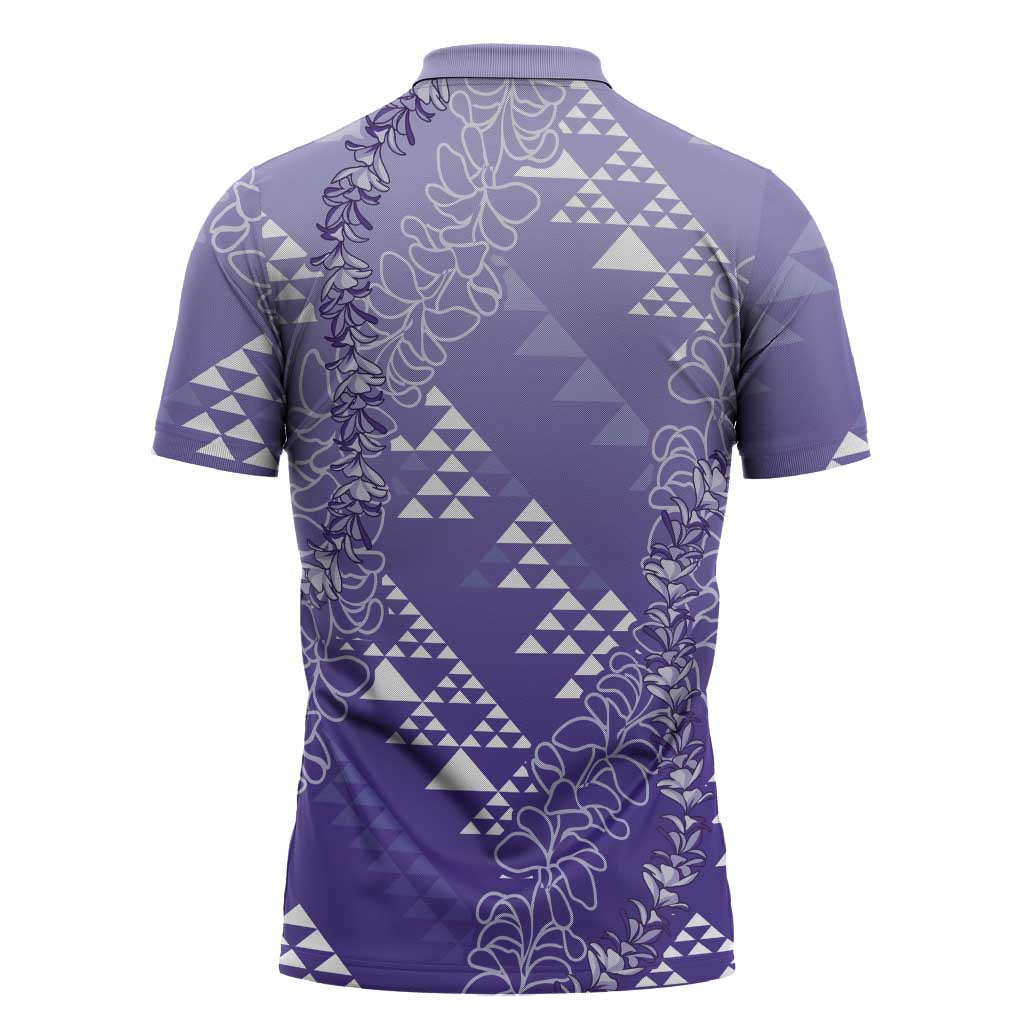 Hawaii Lavender Kapa Zipper Polo Shirt Vintage 'Ohe Kāpala Motifs Mix Plumeria Leis LT7 - Polynesian Pride