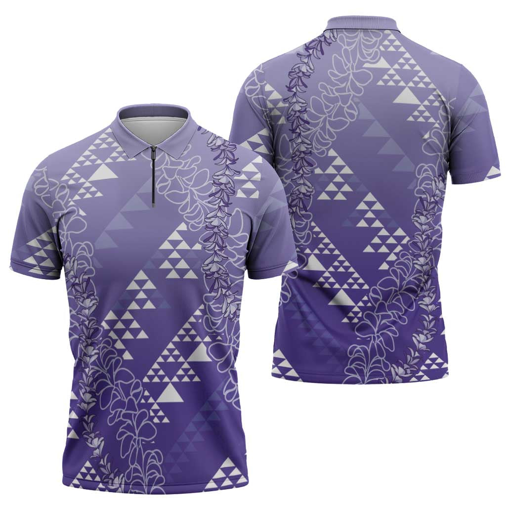 Hawaii Lavender Kapa Zipper Polo Shirt Vintage 'Ohe Kāpala Motifs Mix Plumeria Leis LT7 - Polynesian Pride