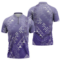 Hawaii Lavender Kapa Zipper Polo Shirt Vintage 'Ohe Kāpala Motifs Mix Plumeria Leis LT7 - Polynesian Pride