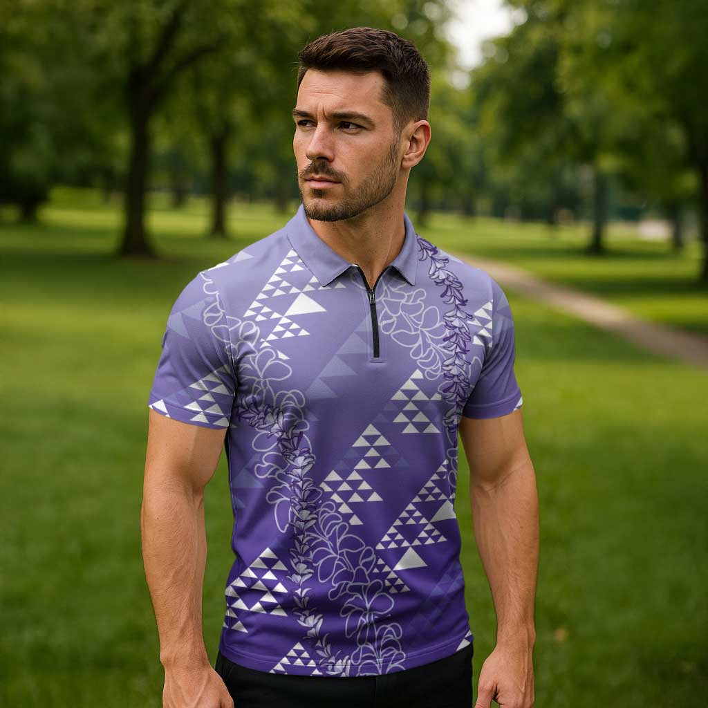 Hawaii Lavender Kapa Zipper Polo Shirt Vintage 'Ohe Kāpala Motifs Mix Plumeria Leis LT7 - Polynesian Pride