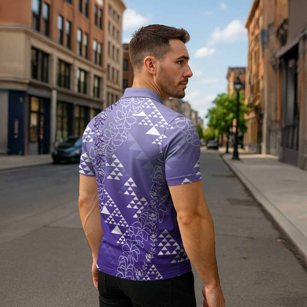 Hawaii Lavender Kapa Zipper Polo Shirt Vintage 'Ohe Kāpala Motifs Mix Plumeria Leis LT7 - Polynesian Pride