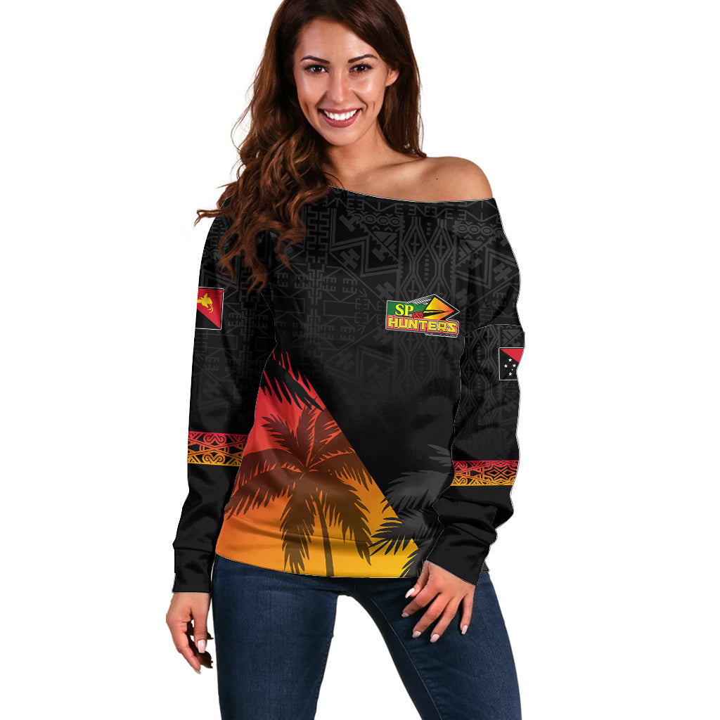 Personalised PNG Hunters Rugby Off Shoulder Sweater Palm Trees Simple LT7 Women Black - Polynesian Pride