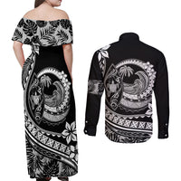 Polynesian Plumeria Couples Matching Off Shoulder Maxi Dress and Long Sleeve Button Shirts Ride The Waves - Black LT7 - Polynesian Pride