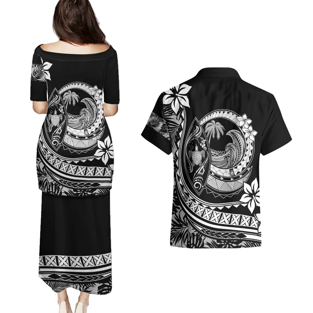 Polynesian Plumeria Couples Matching Puletasi Dress and Hawaiian Shirt Ride The Waves - Black LT7 - Polynesian Pride