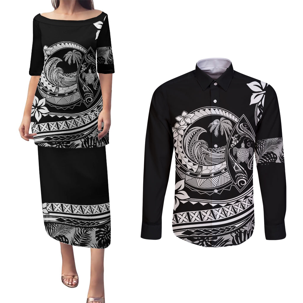 Polynesian Plumeria Couples Matching Puletasi Dress and Long Sleeve Button Shirts Ride The Waves - Black LT7 Black - Polynesian Pride