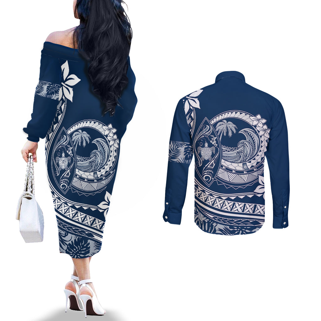 Polynesian Plumeria Couples Matching Off The Shoulder Long Sleeve Dress and Long Sleeve Button Shirts Ride The Waves - Navy Blue LT7 - Polynesian Pride