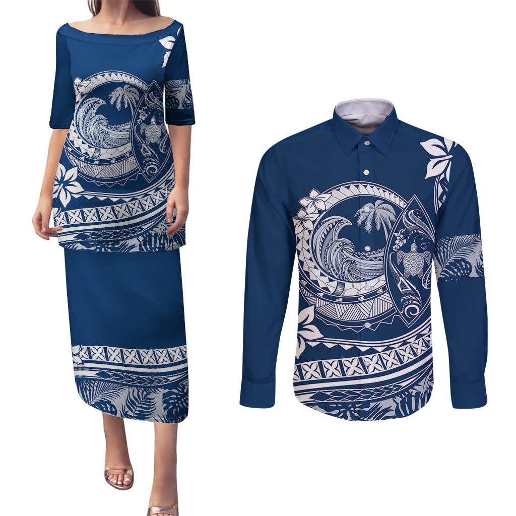 Polynesian Plumeria Couples Matching Puletasi Dress and Long Sleeve Button Shirts Ride The Waves - Navy Blue LT7 Navy Blue - Polynesian Pride