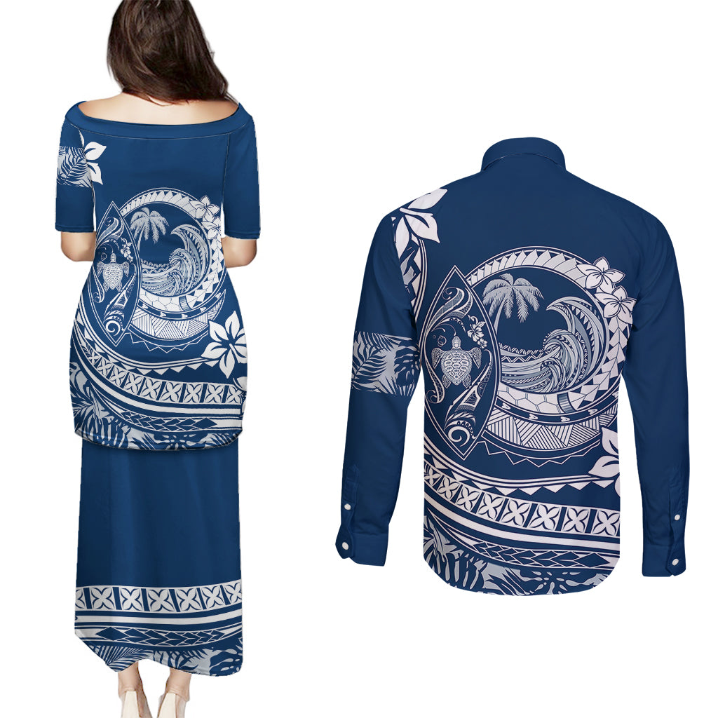 Polynesian Plumeria Couples Matching Puletasi Dress and Long Sleeve Button Shirts Ride The Waves - Navy Blue LT7 - Polynesian Pride