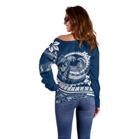 Polynesian Plumeria Off Shoulder Sweater Ride The Waves - Navy Blue LT7 - Polynesian Pride