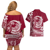 Polynesian Plumeria Couples Matching Off Shoulder Short Dress and Hawaiian Shirt Ride The Waves - Burgundy LT7 - Polynesian Pride