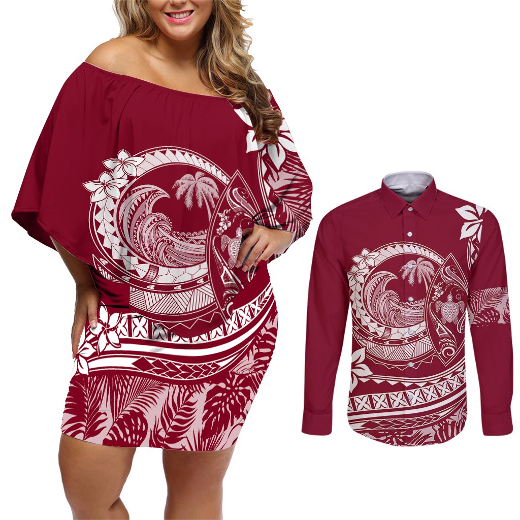 Polynesian Plumeria Couples Matching Off Shoulder Short Dress and Long Sleeve Button Shirts Ride The Waves - Burgundy LT7 Burgundy - Polynesian Pride