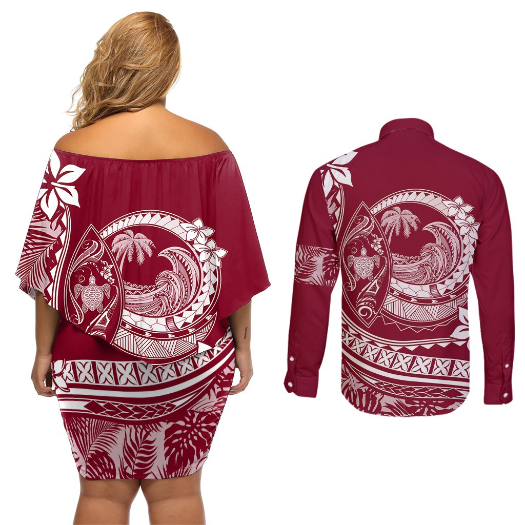 Polynesian Plumeria Couples Matching Off Shoulder Short Dress and Long Sleeve Button Shirts Ride The Waves - Burgundy LT7 - Polynesian Pride