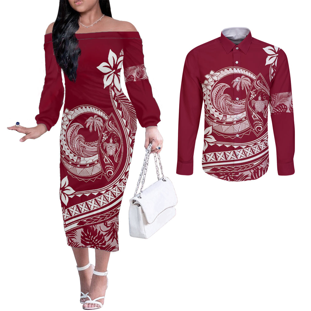 Polynesian Plumeria Couples Matching Off The Shoulder Long Sleeve Dress and Long Sleeve Button Shirts Ride The Waves - Burgundy LT7 Burgundy - Polynesian Pride