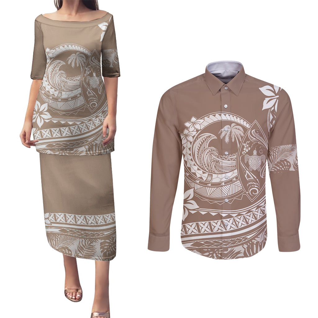 Polynesian Plumeria Couples Matching Puletasi Dress and Long Sleeve Button Shirts Ride The Waves - Beige LT7 Beige - Polynesian Pride