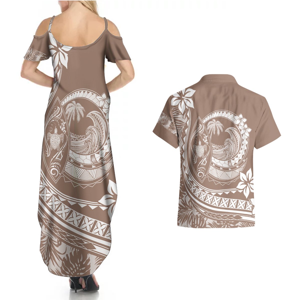 Polynesian Plumeria Couples Matching Summer Maxi Dress and Hawaiian Shirt Ride The Waves - Beige LT7 - Polynesian Pride