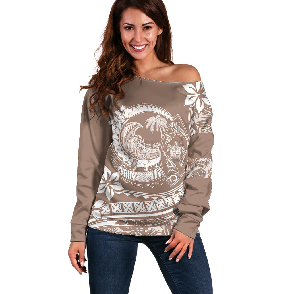 Polynesian Plumeria Off Shoulder Sweater Ride The Waves - Beige LT7 Women Beige - Polynesian Pride