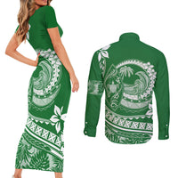 Polynesian Plumeria Couples Matching Short Sleeve Bodycon Dress and Long Sleeve Button Shirts Ride The Waves - Green LT7 - Polynesian Pride