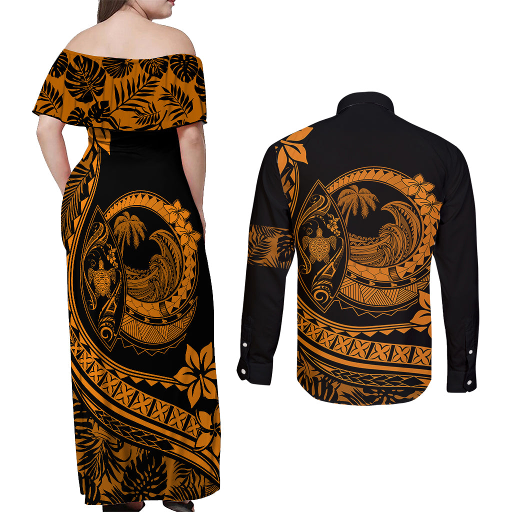 Polynesian Plumeria Couples Matching Off Shoulder Maxi Dress and Long Sleeve Button Shirts Ride The Waves - Orange LT7 - Polynesian Pride