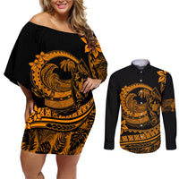 Polynesian Plumeria Couples Matching Off Shoulder Short Dress and Long Sleeve Button Shirts Ride The Waves - Orange LT7 Orange - Polynesian Pride