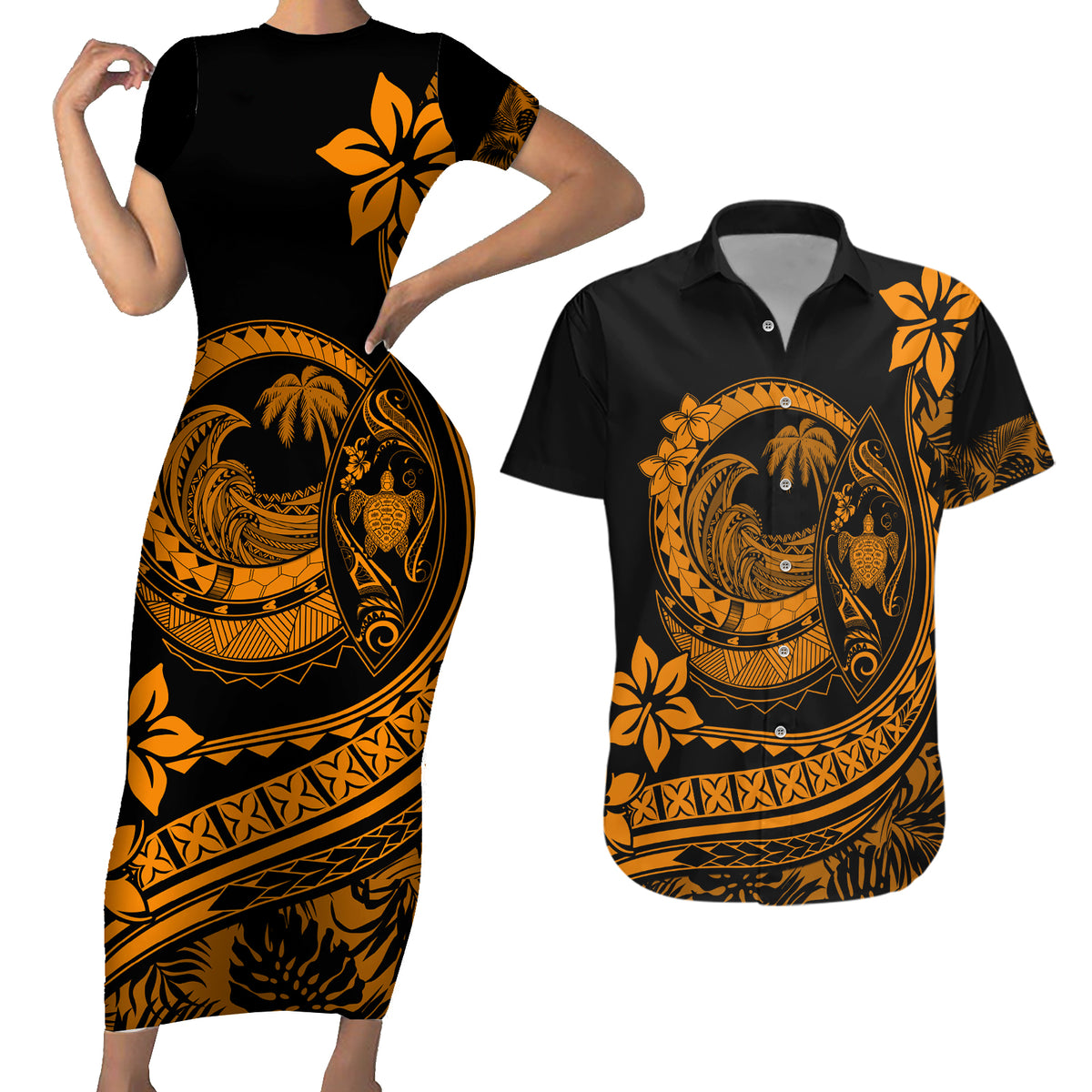 Polynesian Plumeria Couples Matching Short Sleeve Bodycon Dress and Hawaiian Shirt Ride The Waves - Orange LT7 - Polynesian Pride