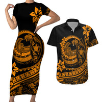 Polynesian Plumeria Couples Matching Short Sleeve Bodycon Dress and Hawaiian Shirt Ride The Waves - Orange LT7 - Polynesian Pride