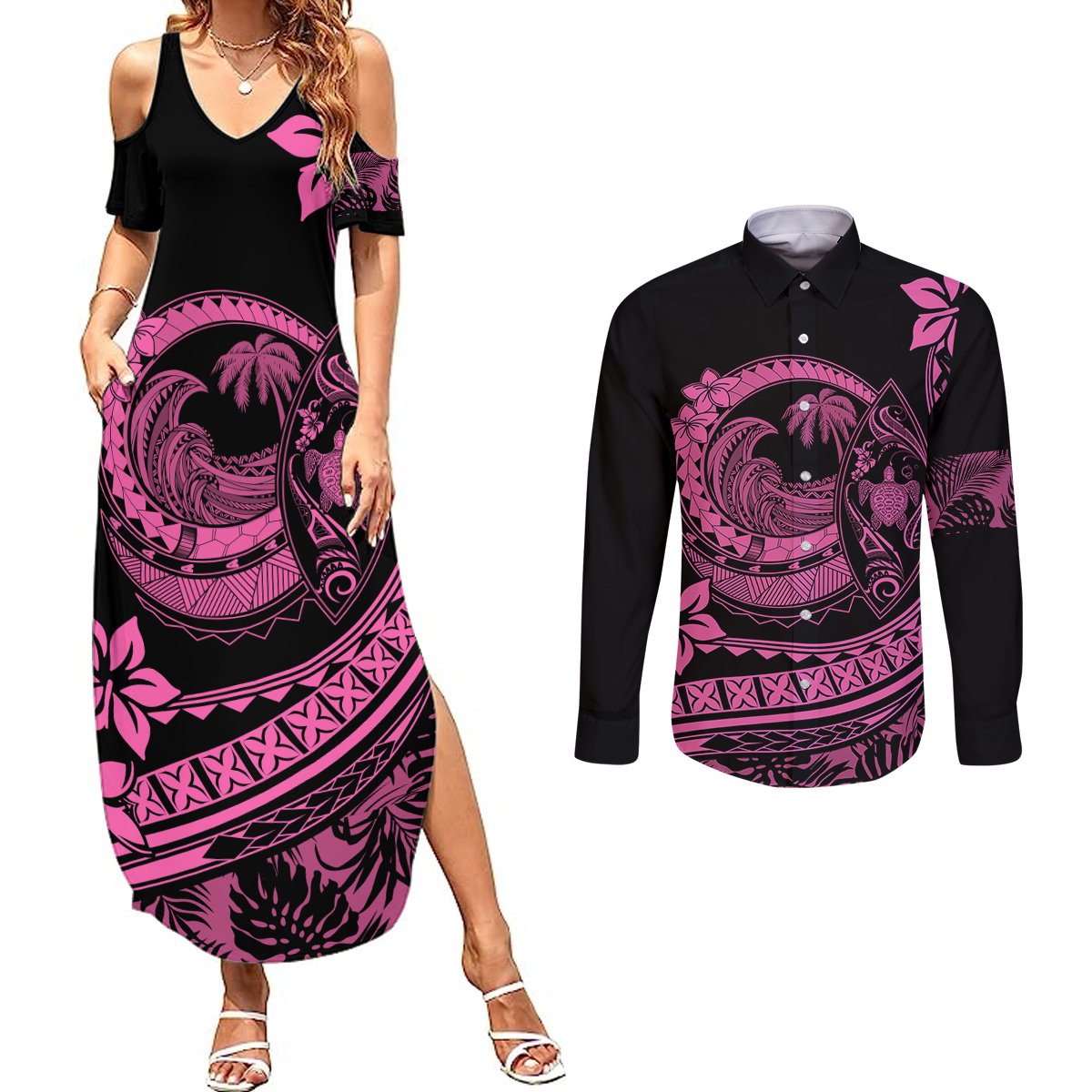 Polynesian Plumeria Couples Matching Summer Maxi Dress and Long Sleeve Button Shirts Ride The Waves - Pink LT7 Pink - Polynesian Pride