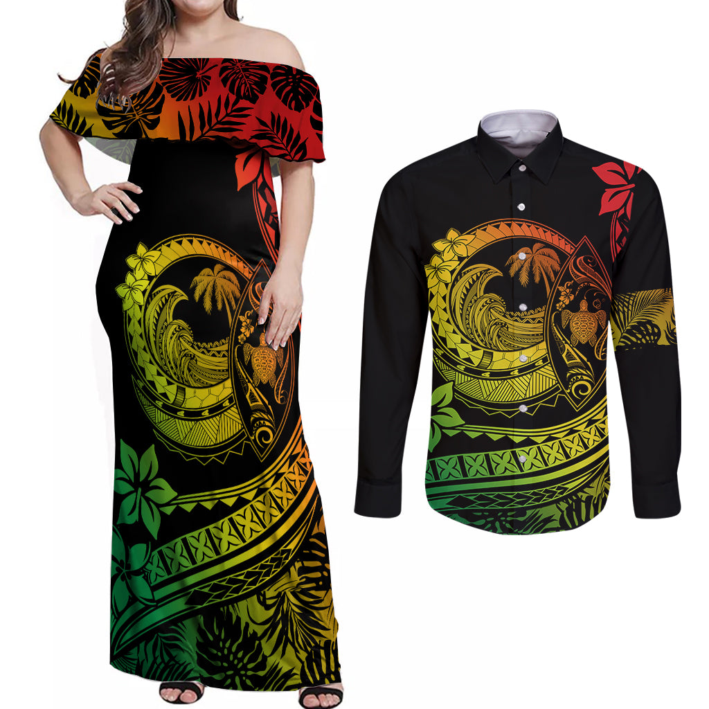 Polynesian Plumeria Couples Matching Off Shoulder Maxi Dress and Long Sleeve Button Shirts Ride The Waves - Reggae LT7 Reggae - Polynesian Pride